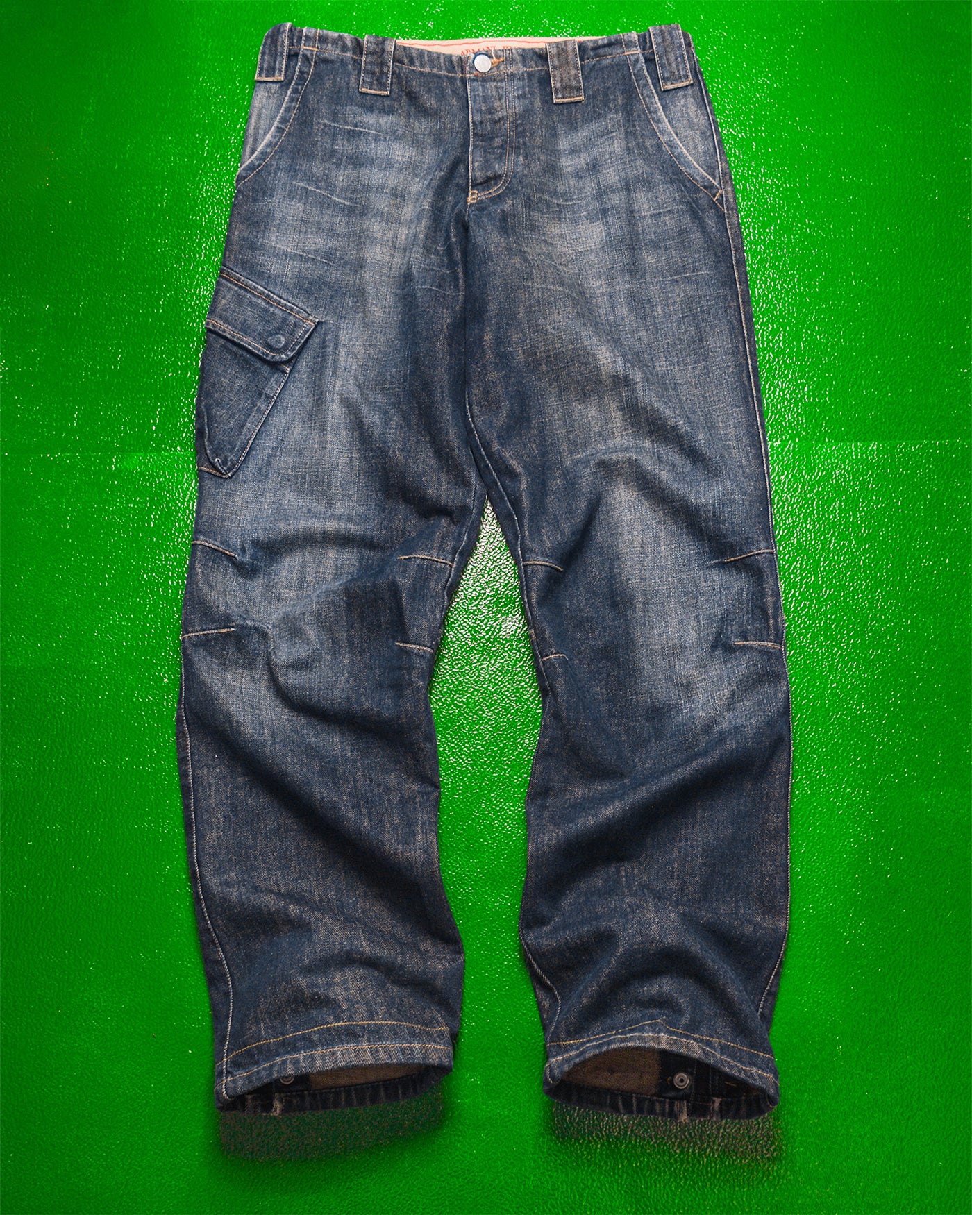 Relaxed Asymmetrical Dark Wash Blue Denim Cargo Pants (33)