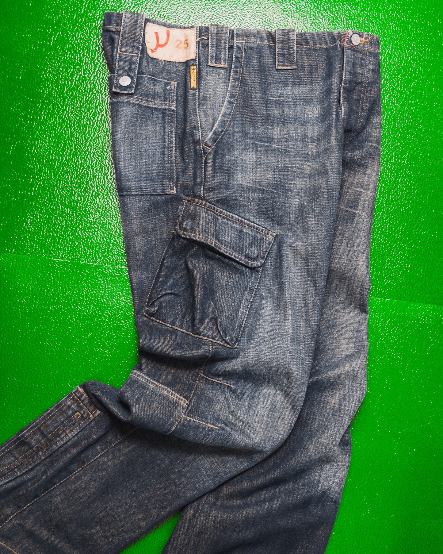 Relaxed Asymmetrical Dark Wash Blue Denim Cargo Pants (33)
