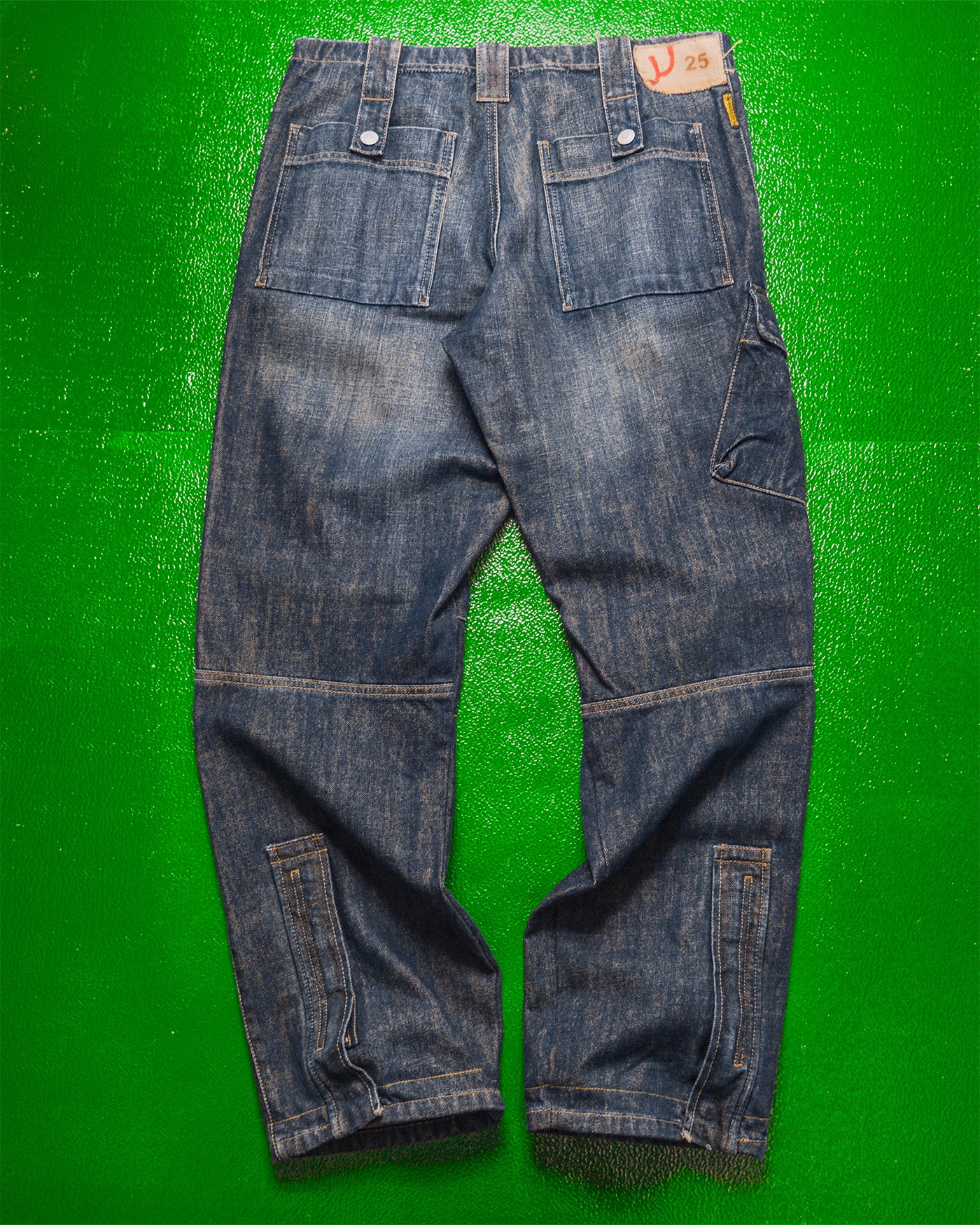 Relaxed Asymmetrical Dark Wash Blue Denim Cargo Pants (33)