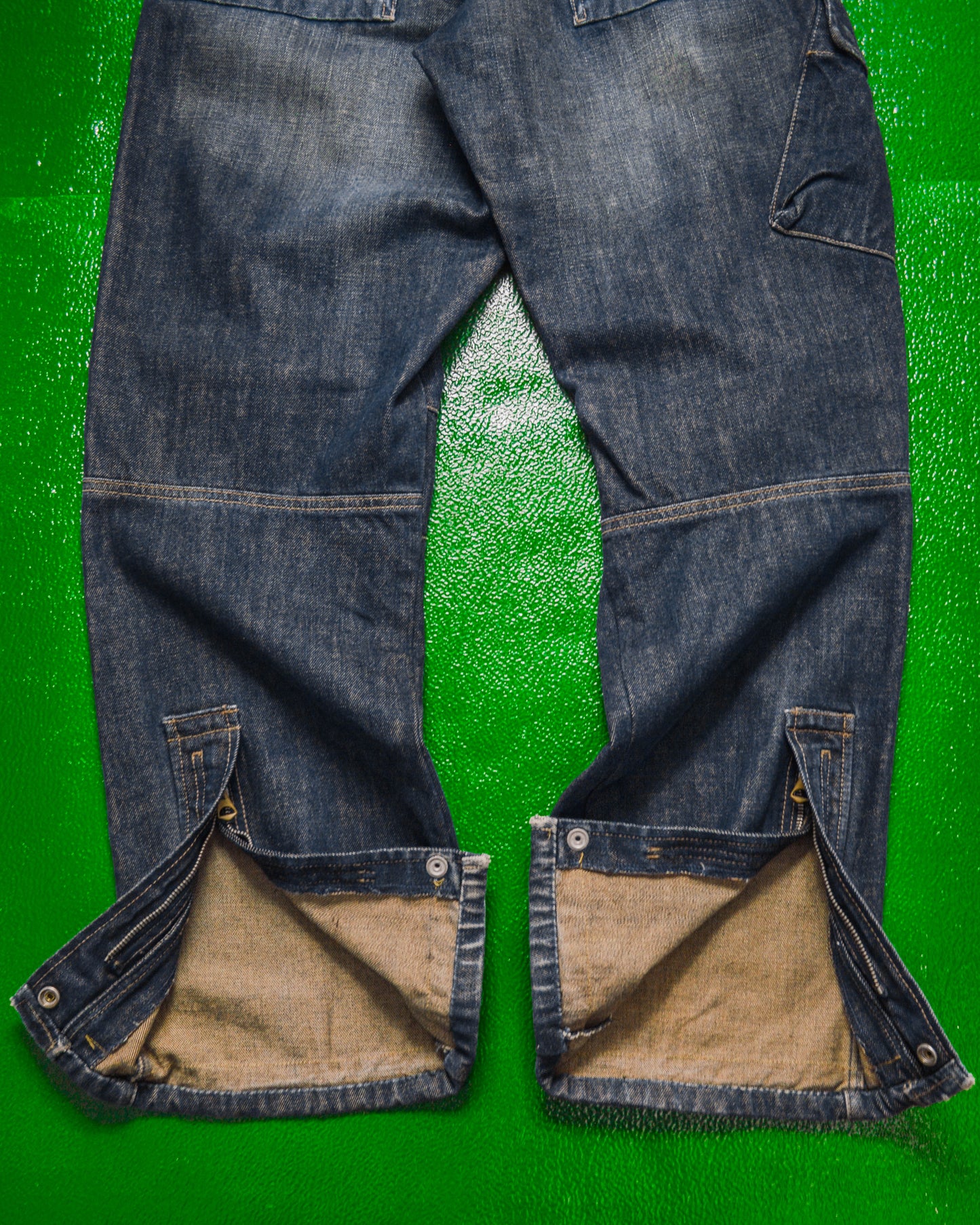 Relaxed Asymmetrical Dark Wash Blue Denim Cargo Pants (33)