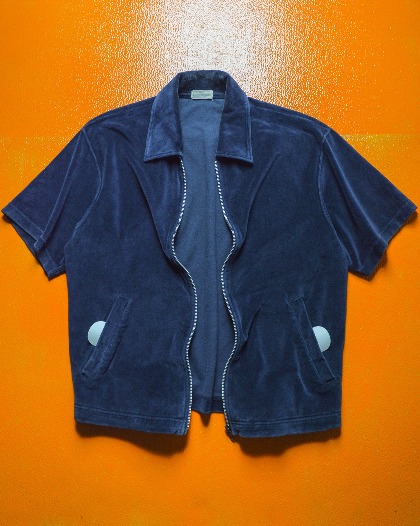 90s Navy Velour Zip Up Shirt (~M~)