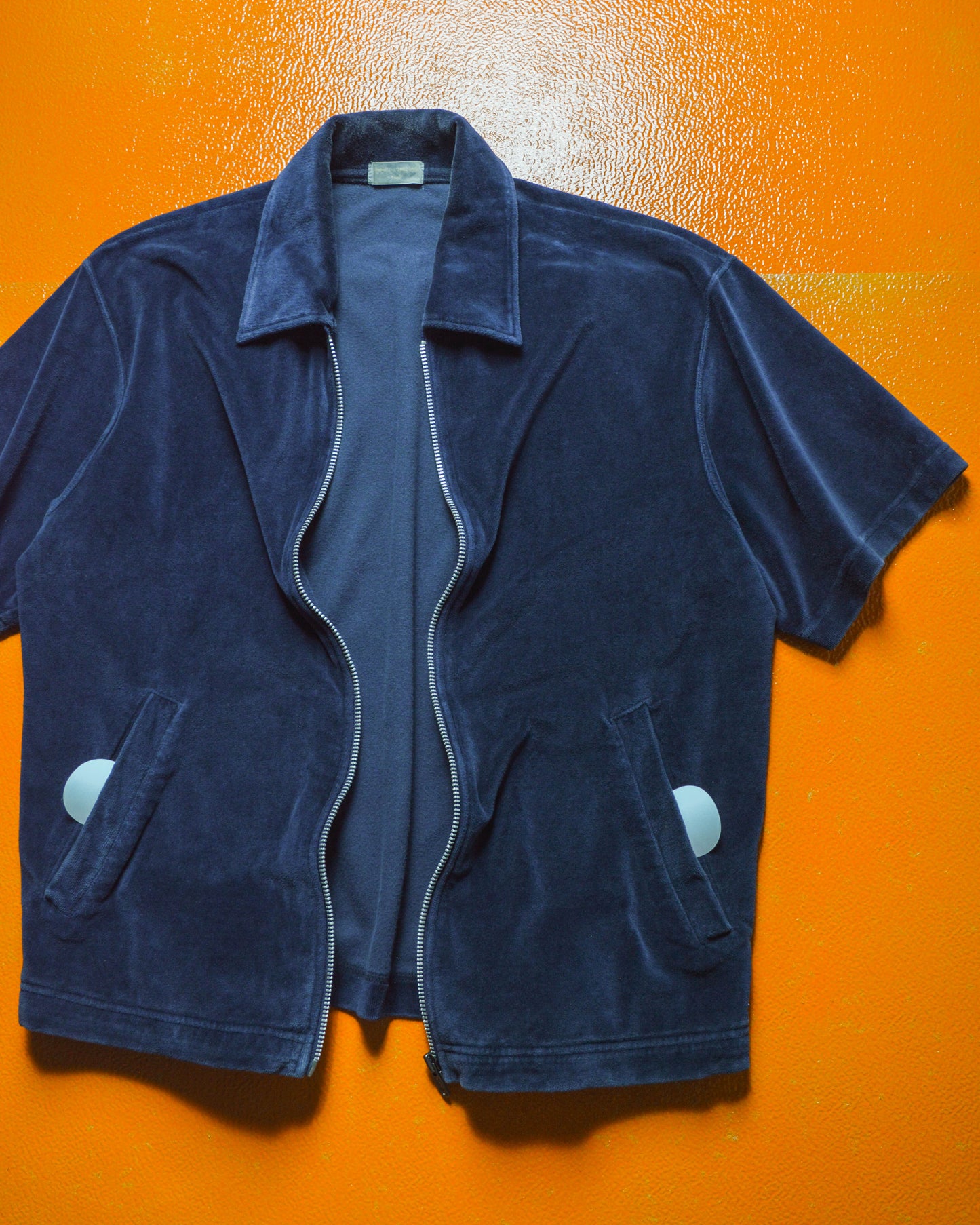 90s Navy Velour Zip Up Shirt (~M~)