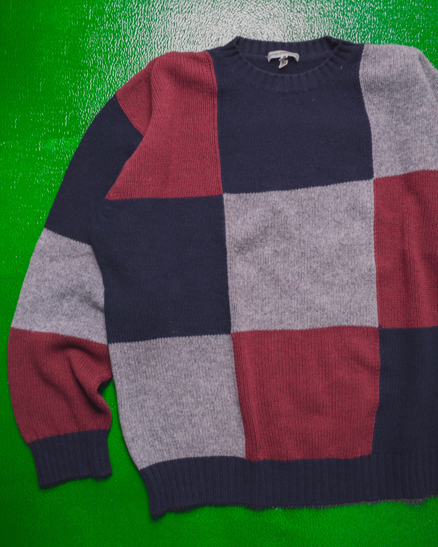 90s Navy Grey Maroon Squares Knit Jumper (~XL~)