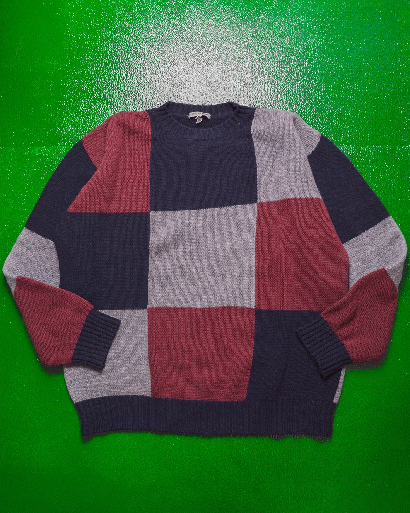 90s Navy Grey Maroon Squares Knit Jumper (~XL~)