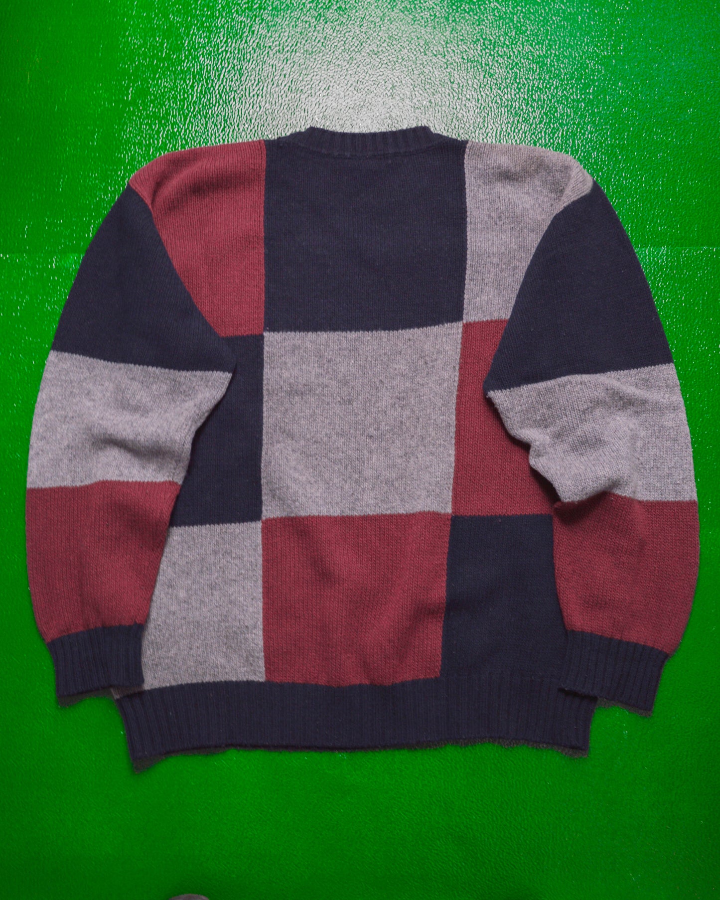 90s Navy Grey Maroon Squares Knit Jumper (~XL~)