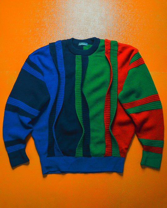 80s Red Green Blue 3-D Layered Strip Knit Jumper (M~L)