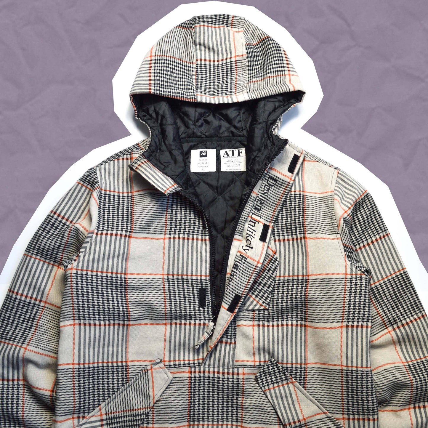 ANALOG Hounds tooth Plaid Black/ Grey/ Orange Quilted Quarter Zip Pullover (M)