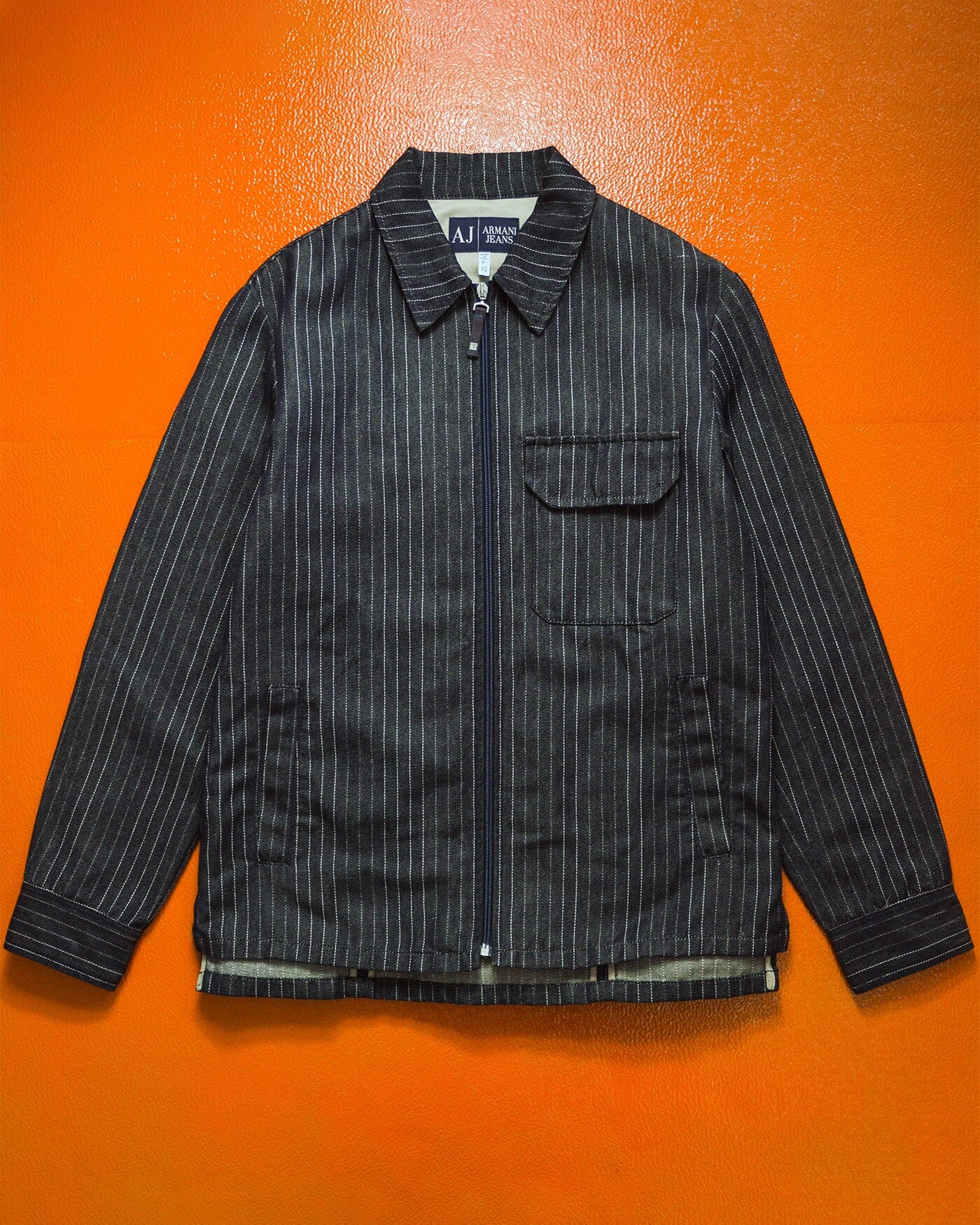 Armani Dark Wash Striped Cotton / Hemp Denim Zip Up Jacket (~L~)