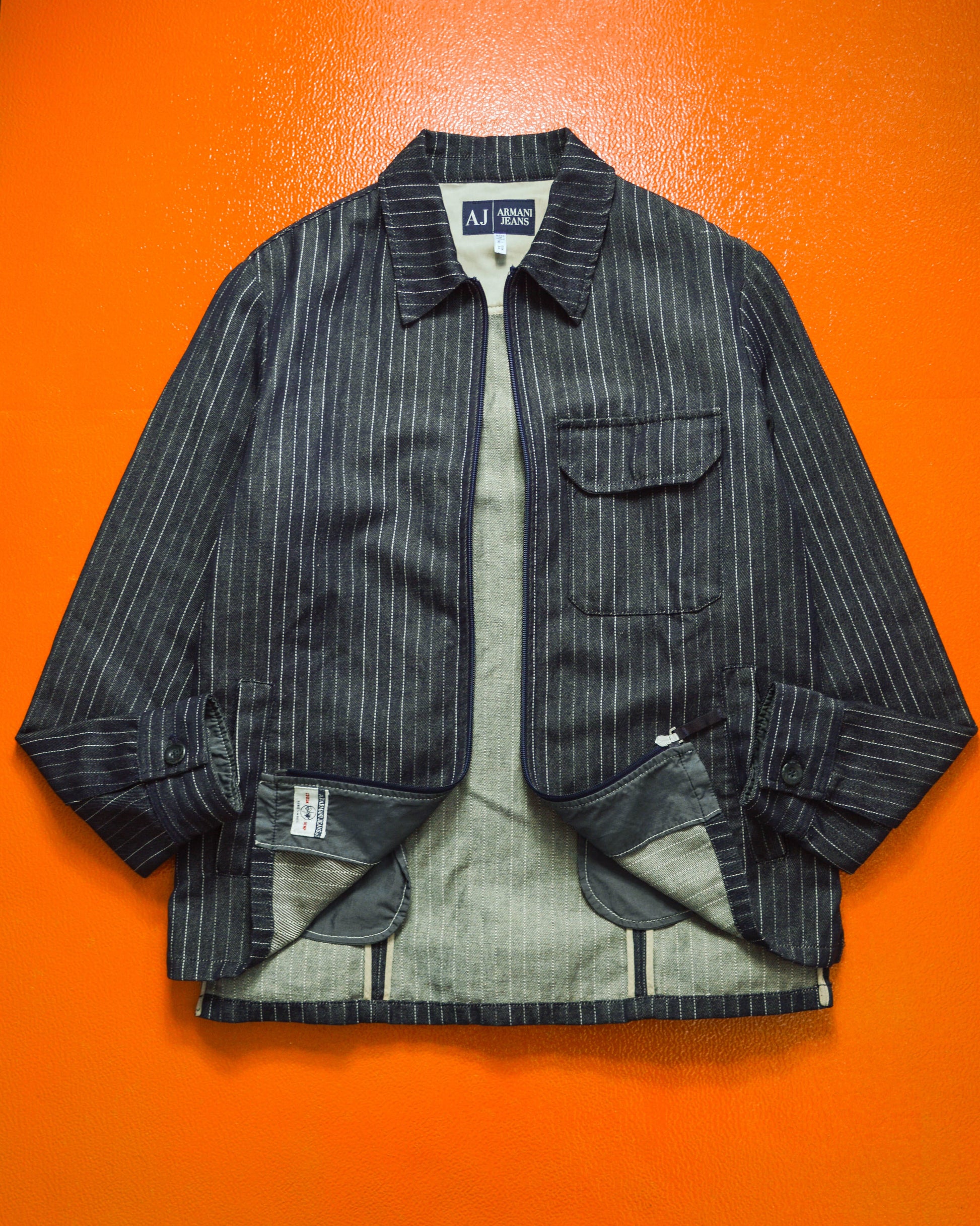 Armani Dark Wash Striped Cotton / Hemp Denim Zip Up Jacket (~L~)