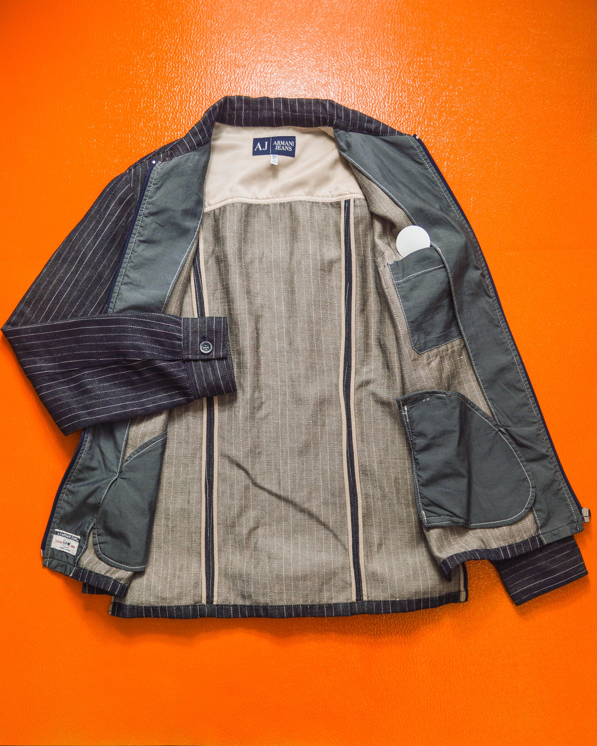 Armani Dark Wash Striped Cotton / Hemp Denim Zip Up Jacket (~L~)