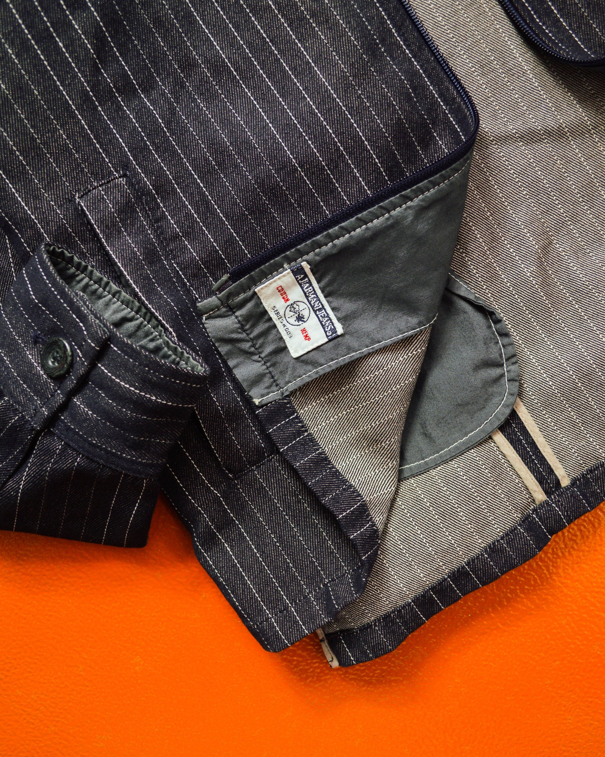 Armani Dark Wash Striped Cotton / Hemp Denim Zip Up Jacket (~L~)