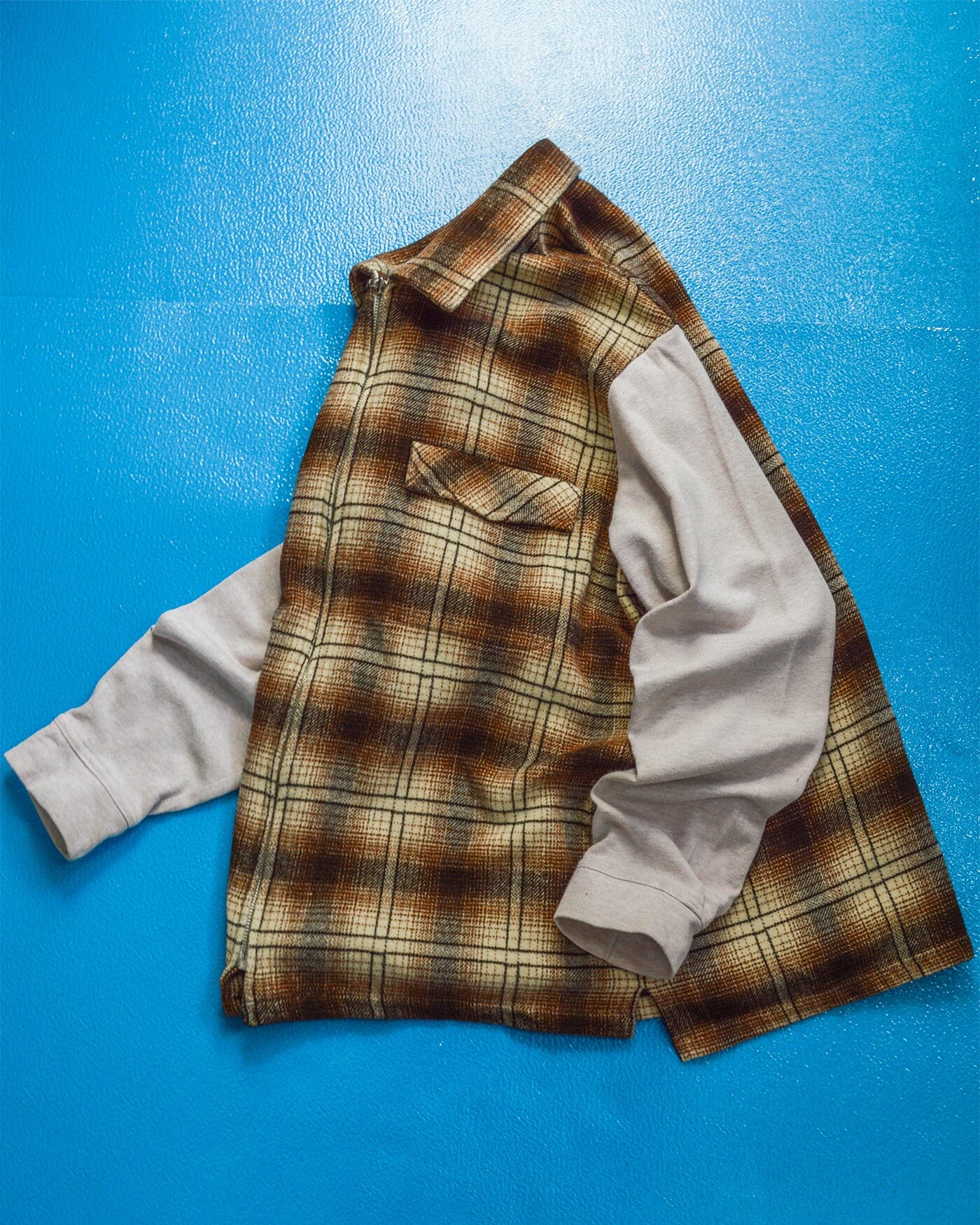 Marithe Francois Girbaud 90s Brown Plaid Panelled Zip Up Over Shirt (~L~)