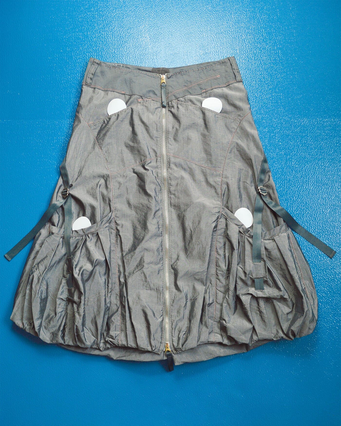 Marithe Francois Girbaud Early 2000s Futuristic Style Metallic Balloon Style Strap Cargo Skirt (S)