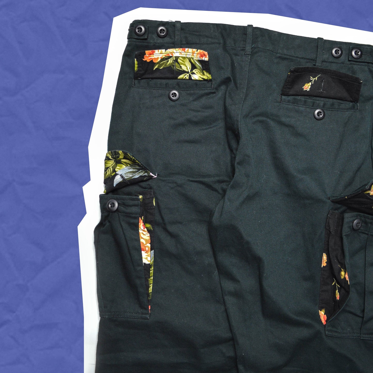 Nepenthes Contrast Floral Backed Cargo Pocket Pants (32)