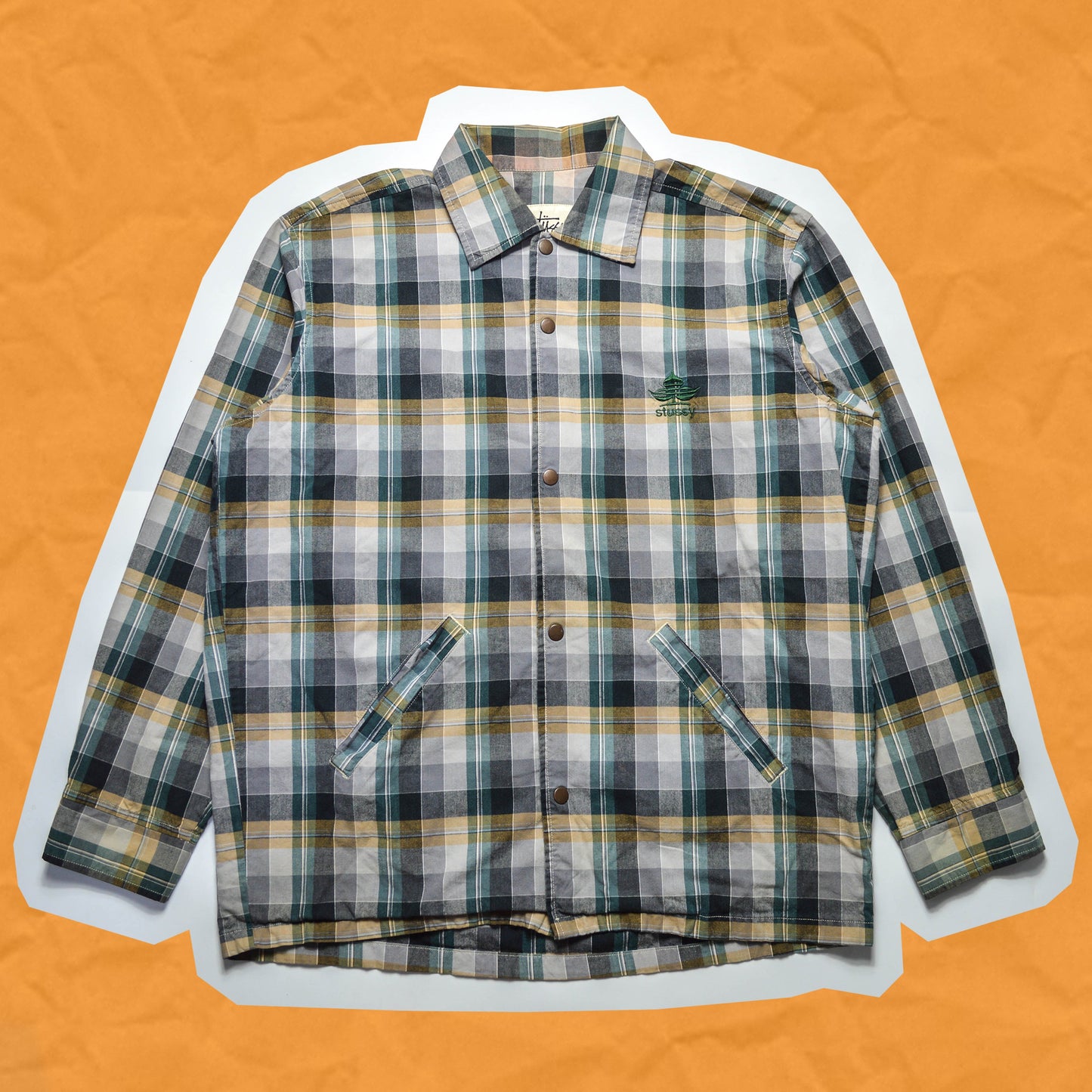 Stussy 90s Beige and Green Plaid Clover Logo Coach Jacket (L~XL
