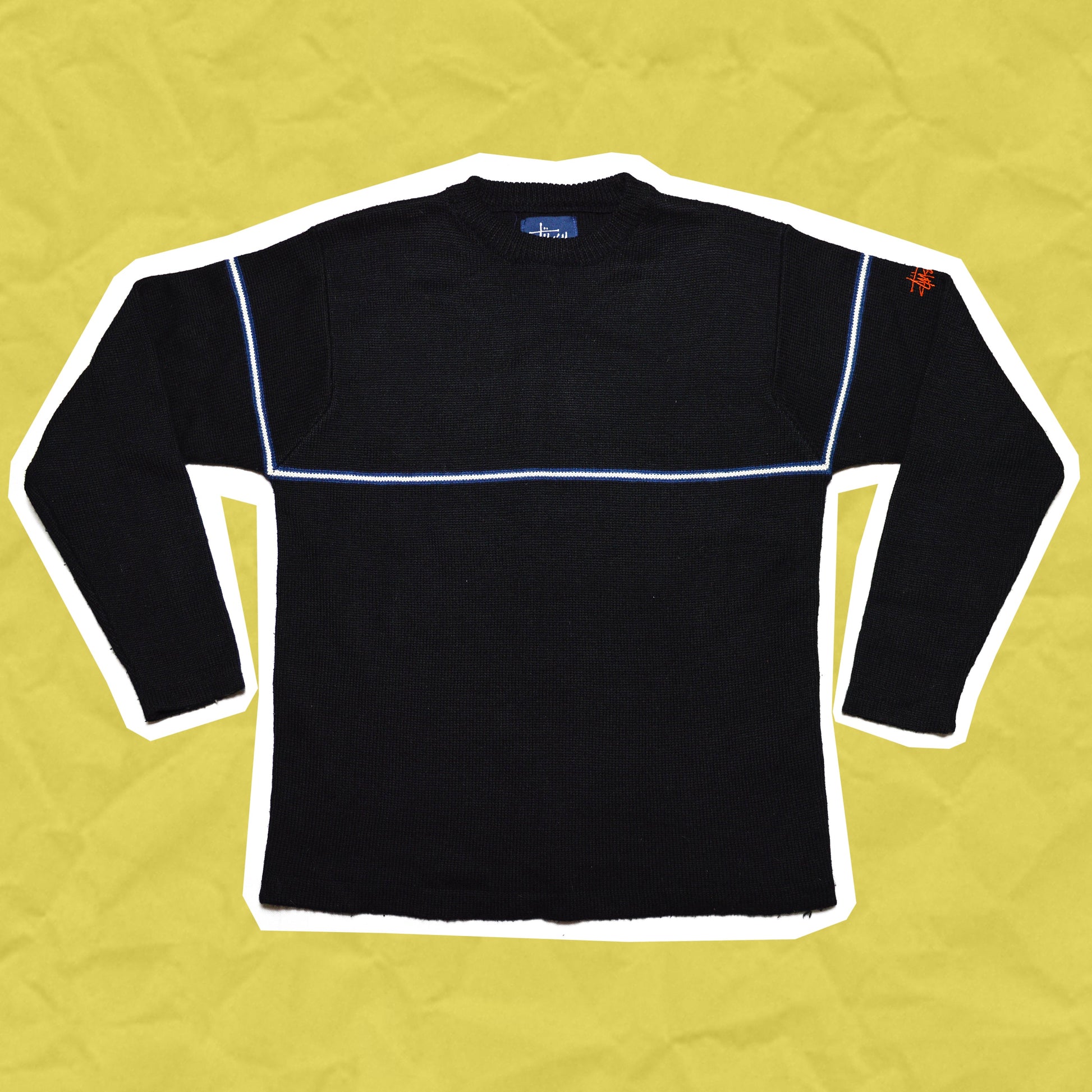 Stussy 90's Black Line Knit with Embroidered Sleeve Logo (M)