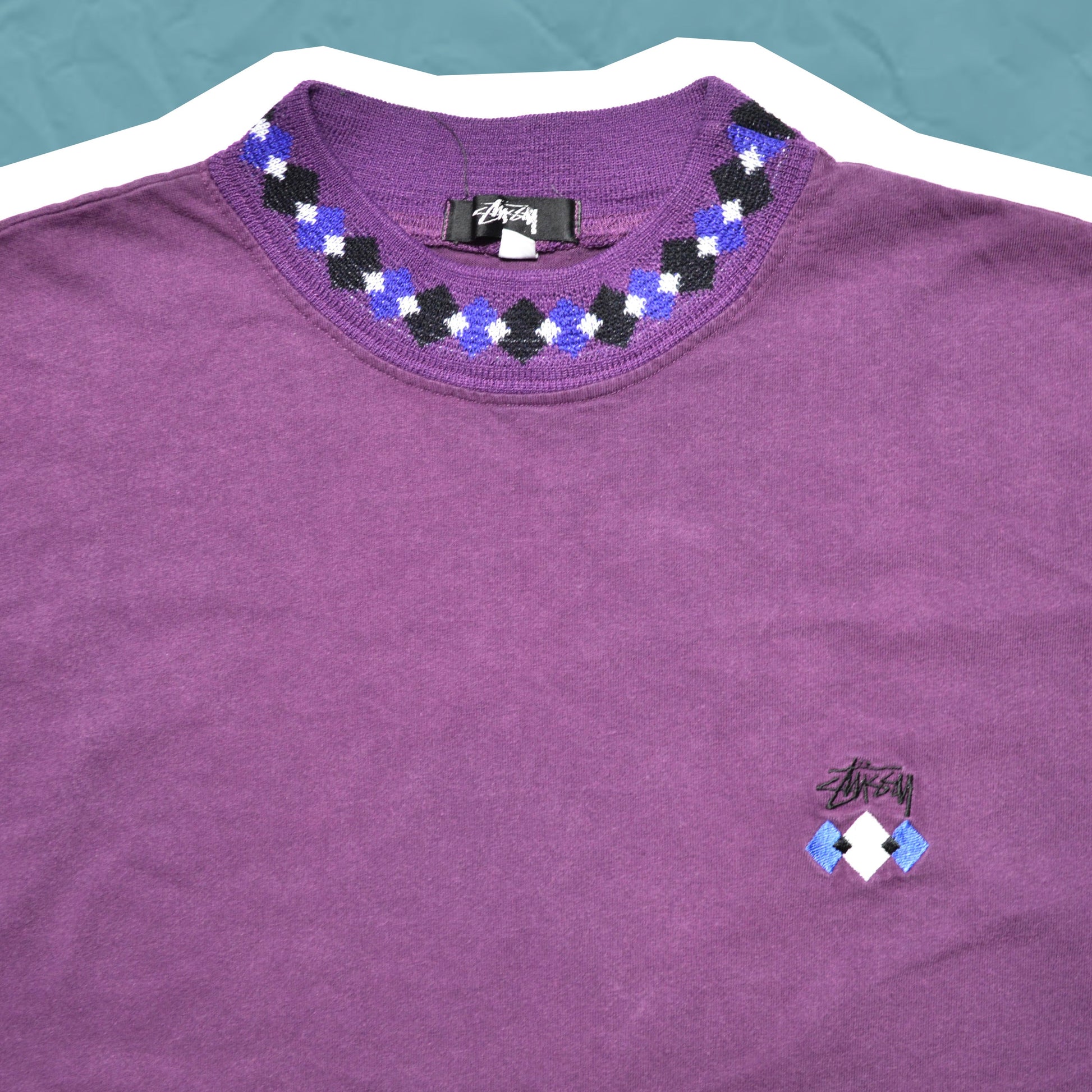 Stussy OG 1988 Purple Diamond Design Collar T-shirt (XL)